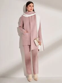 Modelyn Ribbed Knit Drop Shoulder Sweater & Knit Pants With Shawl