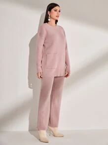Modelyn Ribbed Knit Drop Shoulder Sweater & Knit Pants With Shawl