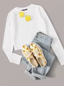 Muchica Camiseta corta tejida de canalé ribete en forma de lechuga - Blanco - Ver 1