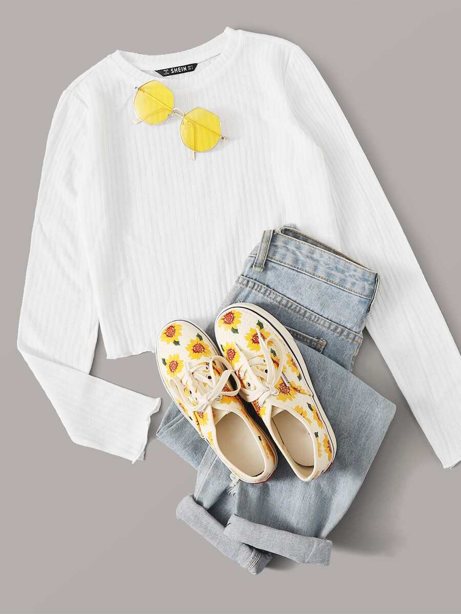 Muchica Camiseta corta tejida de canalé ribete en forma de lechuga - Blanco - Ver 1