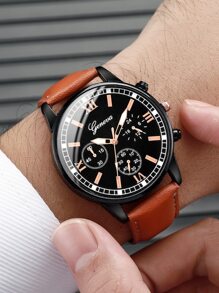 1pc Đàn ông Tối giản Tròn Tròn Đồng hồ thạch anh & Vòng tay 3 chiếc - màu nâu - Xem 6