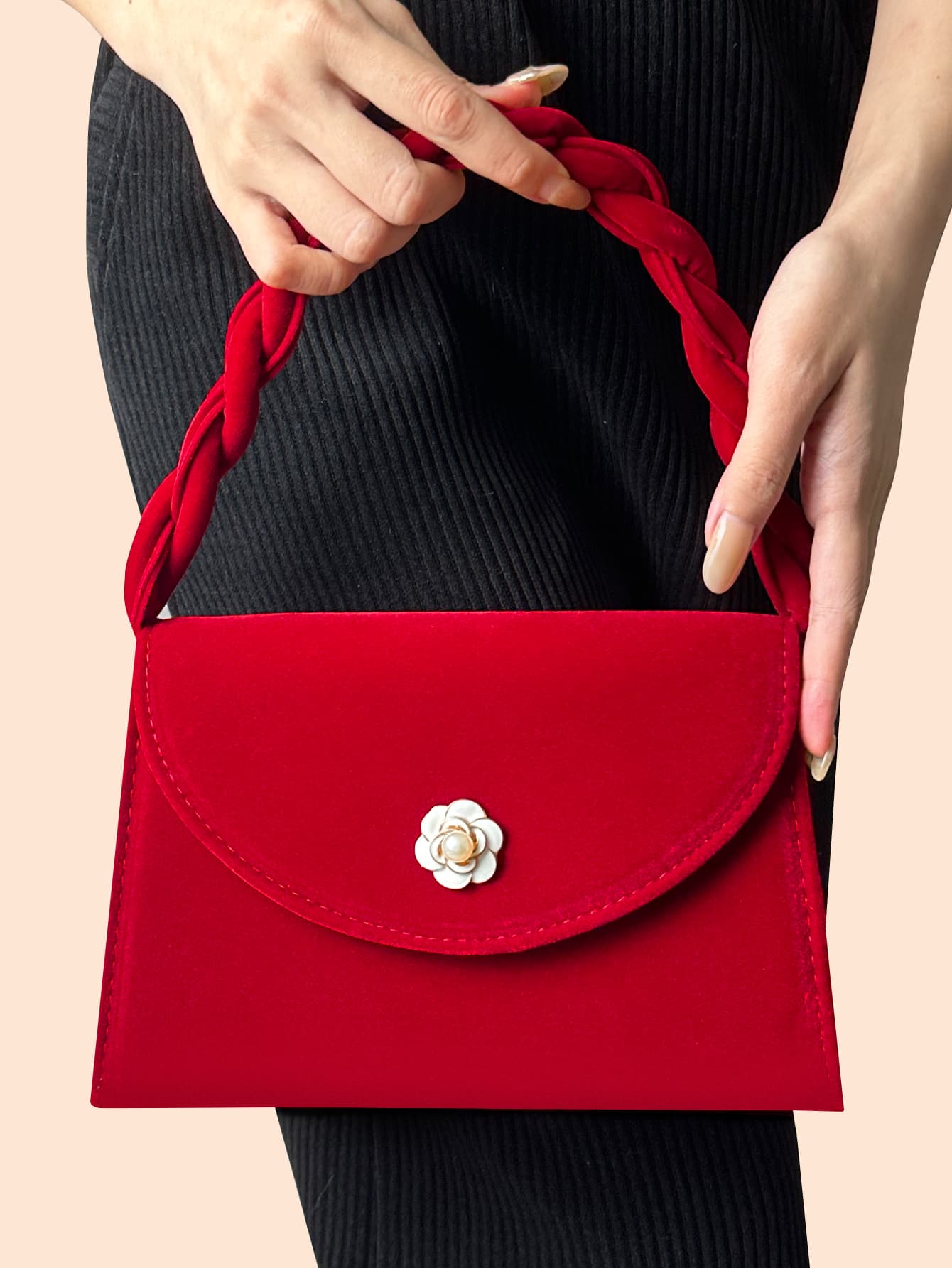 Faux Pearl & Flower Decor Flap Square Bag - Red - View 1