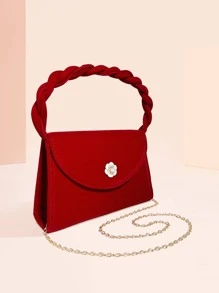 Faux Pearl & Flower Decor Flap Square Bag - Red - View 3