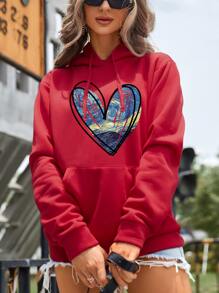 SHEIN LUNE Heart Print Kangaroo Pocket Drawstring Thermal Hoodie - Red - View 1