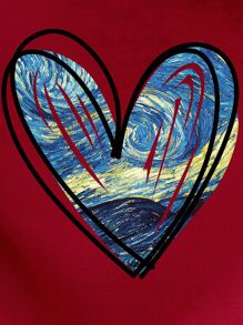 SHEIN LUNE Heart Print Kangaroo Pocket Drawstring Thermal Hoodie - Red - View 5