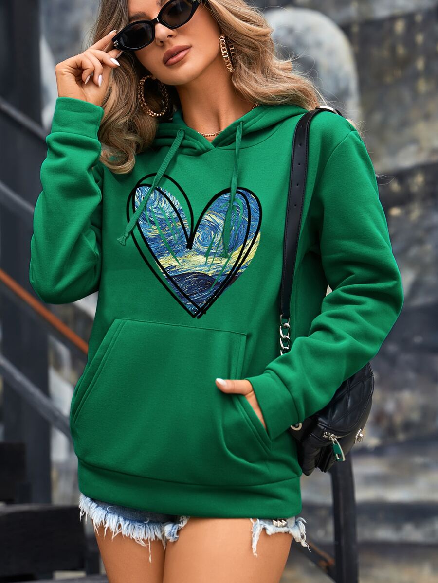 SHEIN Essnce Heart Print Kangaroo Pocket Drawstring Thermal Hoodie - Green - View 1