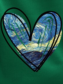 SHEIN Essnce Heart Print Kangaroo Pocket Drawstring Thermal Hoodie - Green - View 4