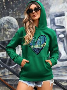 SHEIN Essnce Heart Print Kangaroo Pocket Drawstring Thermal Hoodie - Green - View 5