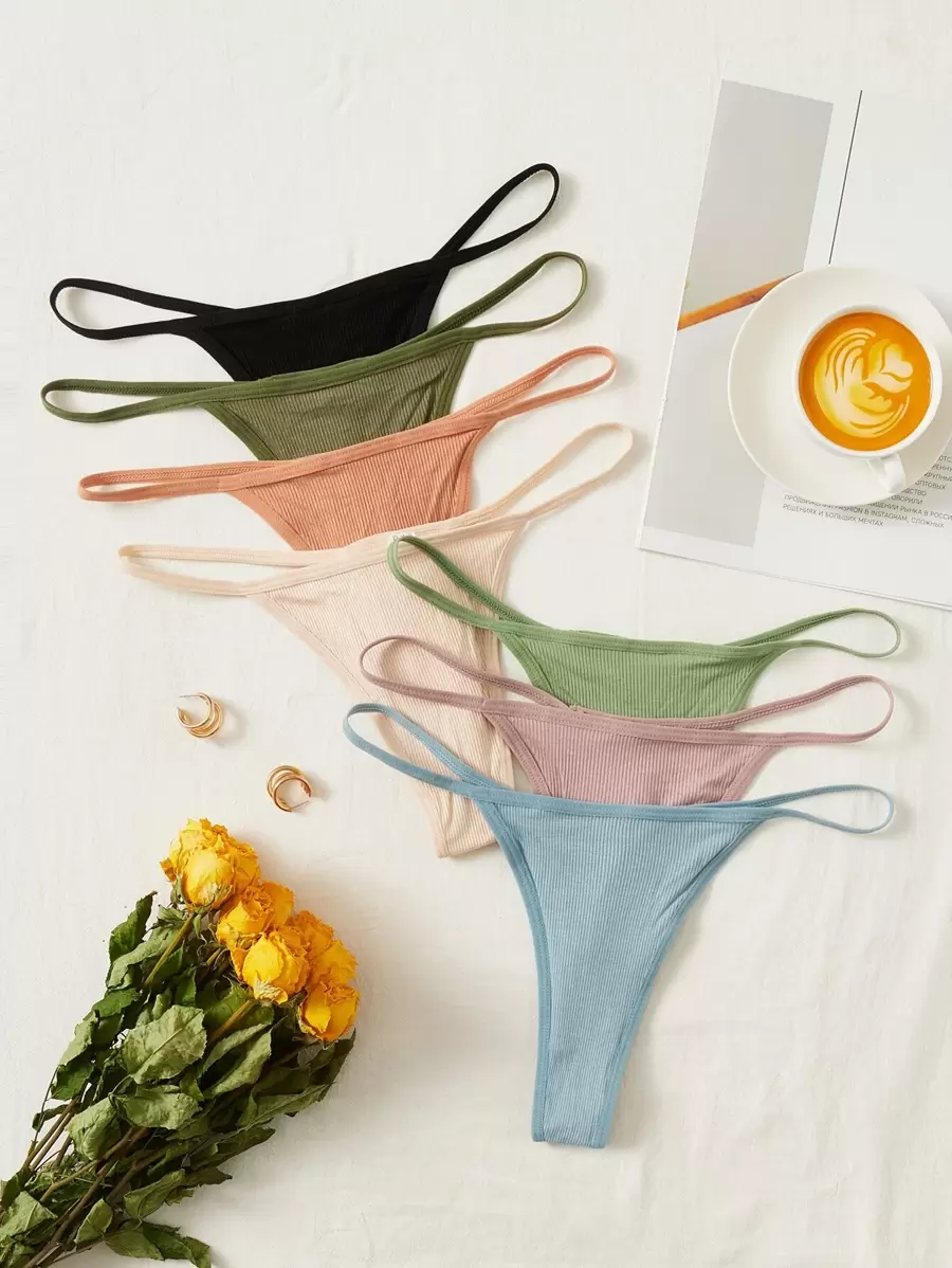 7packs Ribbed Knit Sexy G-String - Multicolor - View 1