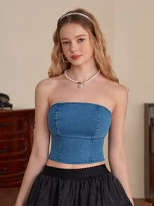 SHEIN MOD Zip Back Tube Denim Top - Medium Wash - View 3