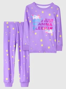Conjunto De Pijama Ajustado Con Impresión De Unicornio Y Luna Para Chicas Adolescentes, Ropa Para Estar En Casa - Morado - Ver 1