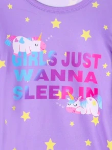 Conjunto De Pijama Ajustado Con Impresión De Unicornio Y Luna Para Chicas Adolescentes, Ropa Para Estar En Casa - Morado - Ver 3