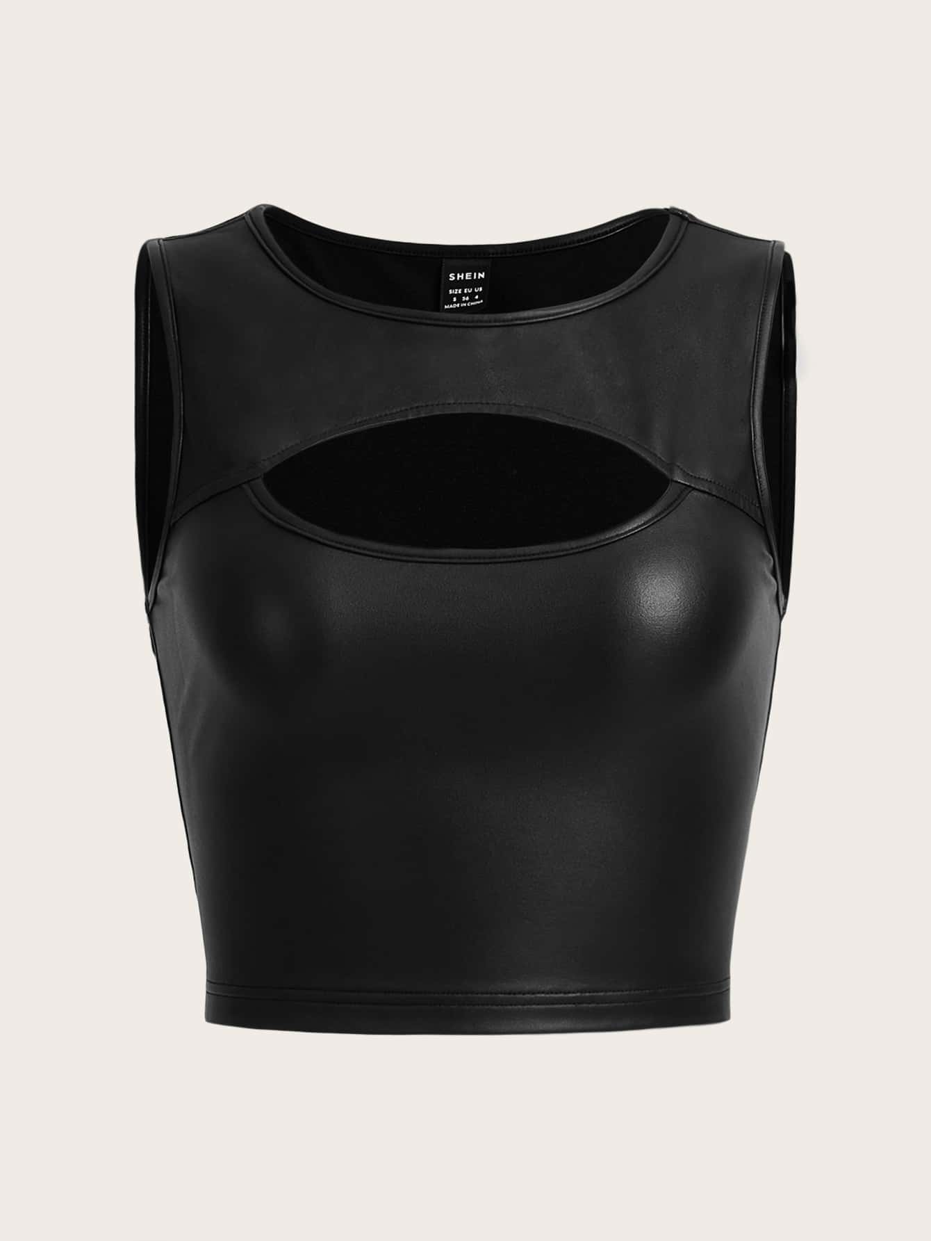 SHEIN ICON Cut Out Front Crop PU Leather Tank Top - Black - View 1