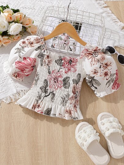 SHEIN Girls Floral Print Puff Sleeve Ruffle Hem Blouse