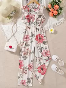 SHEIN Girls Floral Print Ruffle Trim Jumpsuit - White - View 1