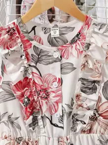 SHEIN Girls Floral Print Ruffle Trim Jumpsuit - White - View 4