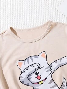 Tween Girl Mềm-Cotton Đường Phố Thời Trang Dễ Thương Mèo Quá Khổ Khẩu Hiệu In Cổ Tròn Tay Ngắn - Màu be - Xem 3