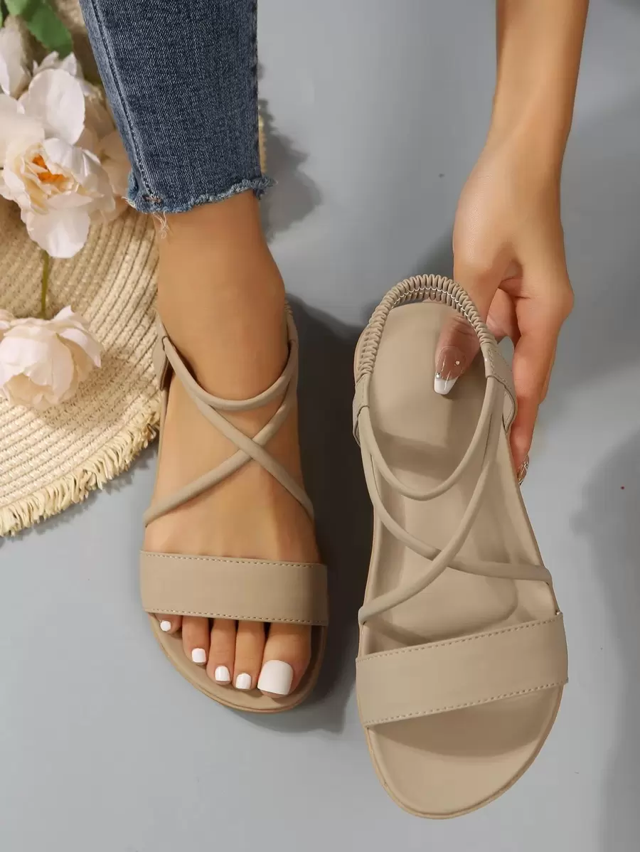 Fashionable Outdoors Comfy Sandals For Women, Criss Cross Plain Artificial Leather Open Toe Ankle Strap Sandals,Spring Summer Outfits