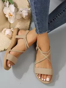 Fashionable Outdoors Comfy Sandals For Women, Criss Cross Plain Artificial Leather Open Toe Ankle Strap Sandals,Spring Summer Outfits - Apricot - View 3