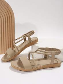 Fashionable Outdoors Comfy Sandals For Women, Criss Cross Plain Artificial Leather Open Toe Ankle Strap Sandals,Spring Summer Outfits - Apricot - View 4