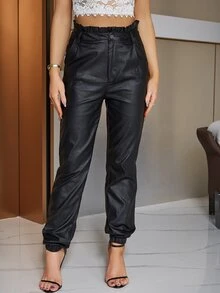 Eilly Bazar Paperbag Waist Leather Look Trousers - Black - View 6