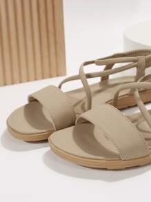 Fashionable Outdoors Comfy Sandals For Women, Criss Cross Plain Artificial Leather Open Toe Ankle Strap Sandals,Spring Summer Outfits - Apricot - View 5