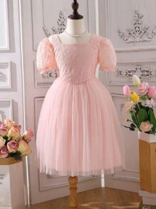 Girls Square Neck Puff Sleeve Mesh Hem Dress - Dusty Pink - View 1