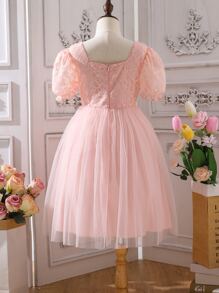 Girls Square Neck Puff Sleeve Mesh Hem Dress - Dusty Pink - View 2