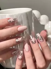 Ponte glamurosa con 24 uñas postizas cuadradas largas con patrón rosa helado y estrellas plateadas + 1 lima de uñas + 1 hoja de cinta adhesiva para mujeres y niñas. Suministros para uñas - Multicolor - Ver 1