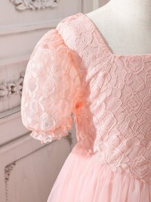 Girls Square Neck Puff Sleeve Mesh Hem Dress - Dusty Pink - View 5