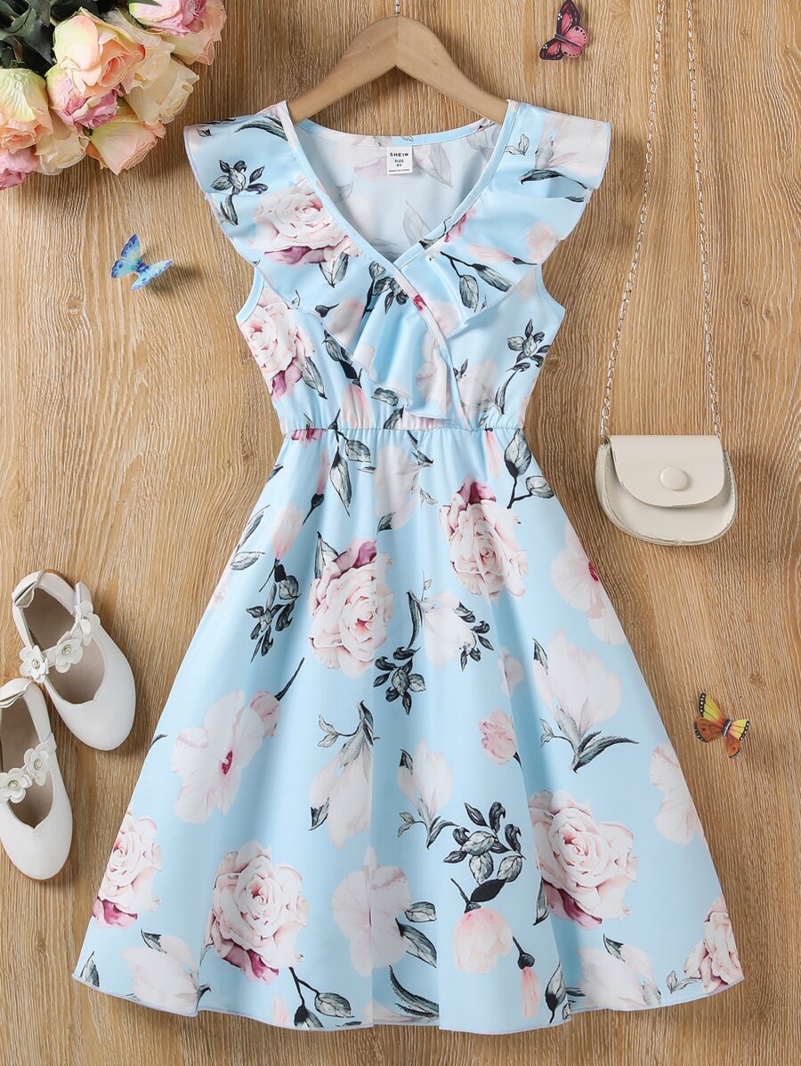 SHEIN 女孩印花荷葉邊連衣裙 - 淺藍色 - 查看 1