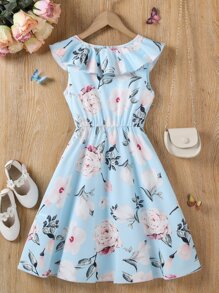 SHEIN 女孩印花荷葉邊連衣裙 - 淺藍色 - 查看 2