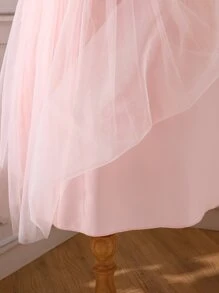 Girls Square Neck Puff Sleeve Mesh Hem Dress - Dusty Pink - View 7