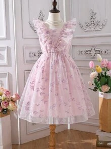 Girls Floral Embroidery Ruffle Trim Mesh Overlay Dress - Baby Pink - View 1