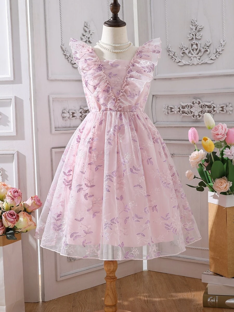 Girls Floral Embroidery Ruffle Trim Mesh Overlay Dress - Baby Pink - View 1