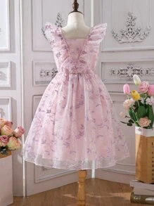 Girls Floral Embroidery Ruffle Trim Mesh Overlay Dress - Baby Pink - View 2