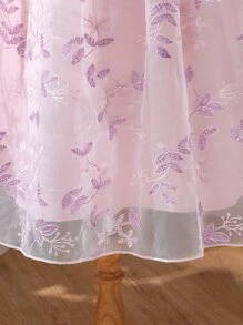 Girls Floral Embroidery Ruffle Trim Mesh Overlay Dress - Baby Pink - View 7