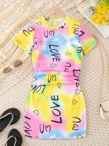 Girls Tie Dye Letter Graphic Ruched Side Dress - Multicolor - View 1