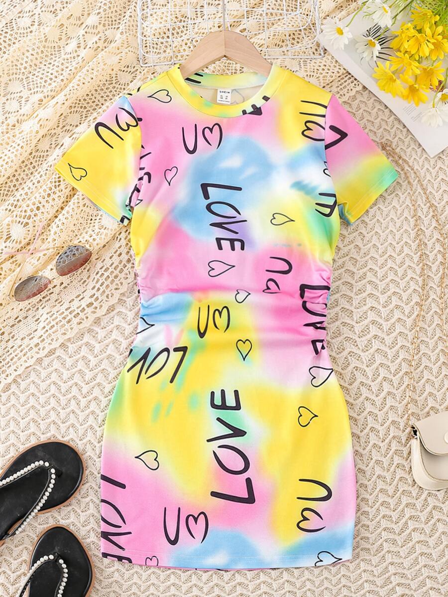 Girls Tie Dye Letter Graphic Ruched Side Dress - Multicolor - View 1