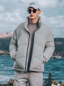 Men Patched Detail Slant Pockets Drop Shoulder Zipper Padded Coat - Light Grey - View 4