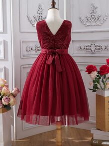 SHEIN Girls Contrast Sequin Bow Front Mesh Hem Dress - Burgundy - View 2