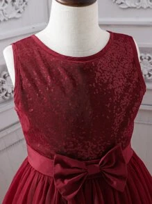 SHEIN Girls Contrast Sequin Bow Front Mesh Hem Dress - Burgundy - View 4