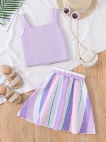 SHEIN Camiseta De Tirantes Sólida Para Niñas Adolescentes Y Falda De Rayas De Bloque - Multicolor - Ver 2