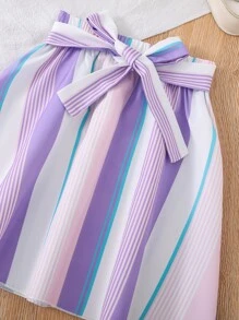 SHEIN Camiseta De Tirantes Sólida Para Niñas Adolescentes Y Falda De Rayas De Bloque - Multicolor - Ver 4