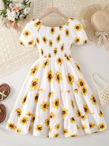 Tween Girl Floral Print Shirred Puff Sleeve Ruffle Hem Dress,Holiday,Summer,Travel - White - View 3