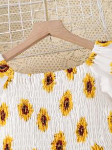 Tween Girl Floral Print Shirred Puff Sleeve Ruffle Hem Dress,Holiday,Summer,Travel - White - View 6