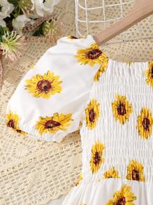 Tween Girl Floral Print Shirred Puff Sleeve Ruffle Hem Dress,Holiday,Summer,Travel - White - View 7