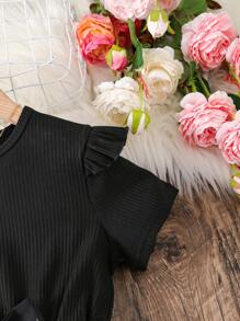 SHEIN Girls Floral Print Ruffle Trim Belted Dress - Black - View 4