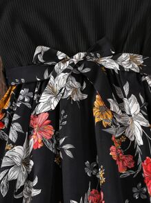 SHEIN Girls Floral Print Ruffle Trim Belted Dress - Black - View 5