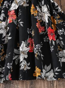 SHEIN Girls Floral Print Ruffle Trim Belted Dress - Black - View 6